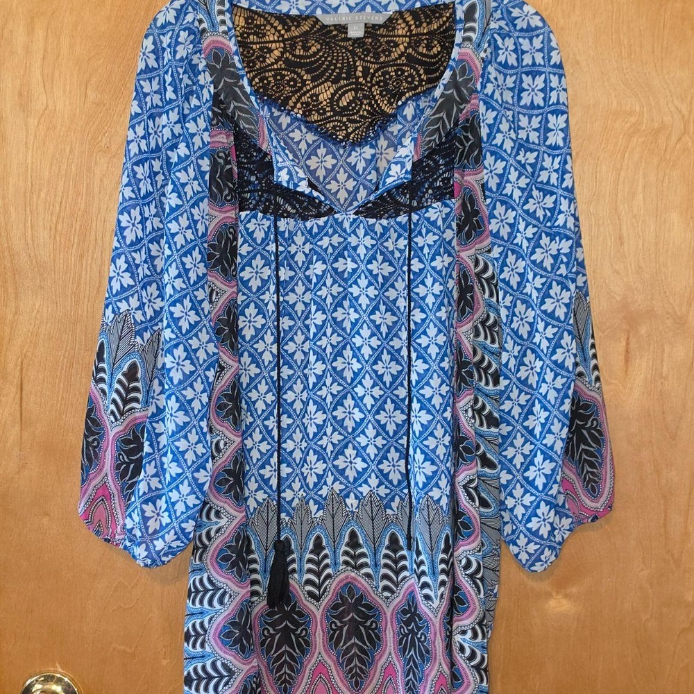 Valerie Stevens Blue Boho Chiffon Lace Back Tassel Peasant Top Plus Size 2X